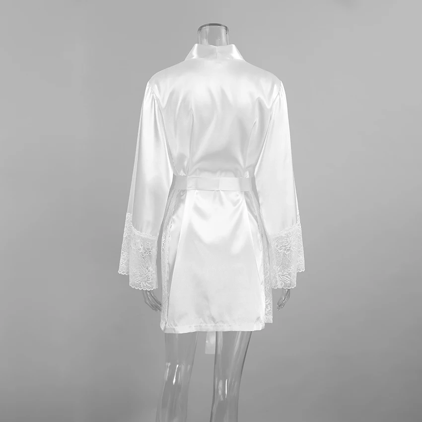 QINSI Elegant Women's White Satin Floral Robe Summer Smooth Full Sleeves Lace Belt Robes Solid Slim Bathrobes for Women - Image 5
