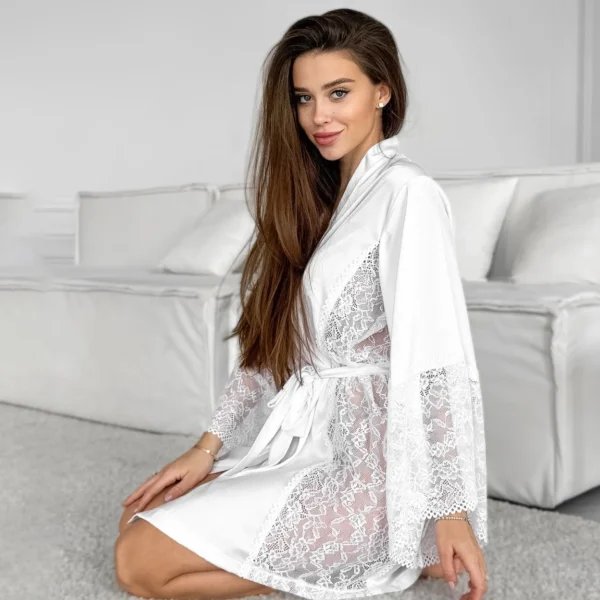 Elegant Women’s White Satin Floral Robe Summer Smooth Full Sleeves Lace ...