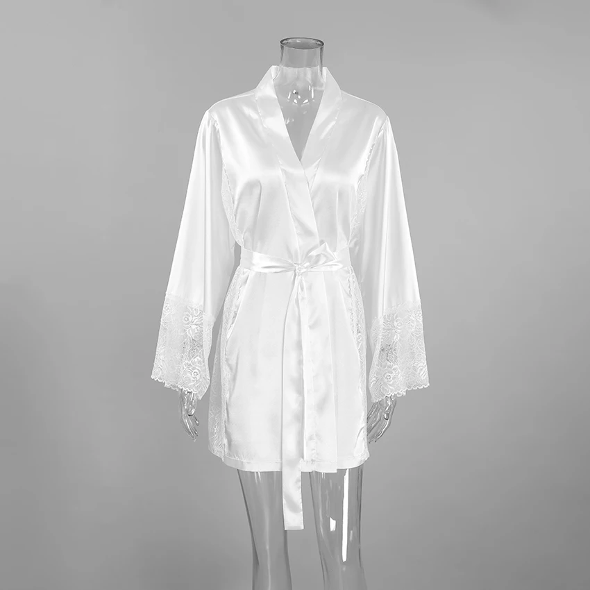 QINSI Elegant Women's White Satin Floral Robe Summer Smooth Full Sleeves Lace Belt Robes Solid Slim Bathrobes for Women - Image 4