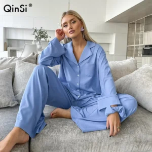 QINSI 2024 New Autumn Womens Pajamas Set Blue Full Sleeves Pocket Top Trousers Loungewear Women Sets Comfort Solid Pyjamas Set