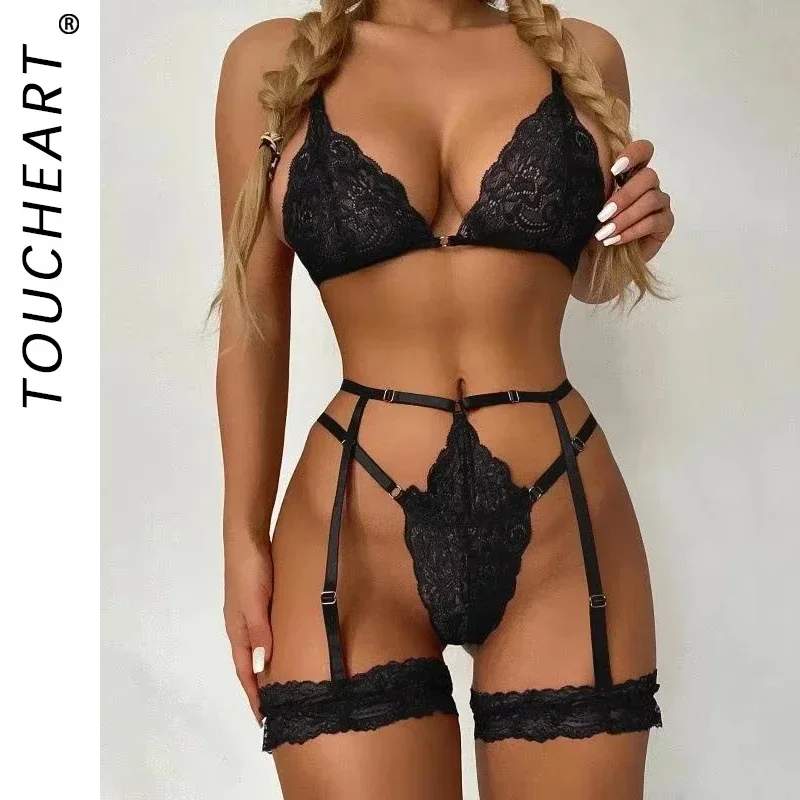 Toucheart 3 Piece Set Sleepwear Suit Sexy Lingerie Women Thin Transparent Lace Bra Set See Through Female Erotic Underwear New - Image 2